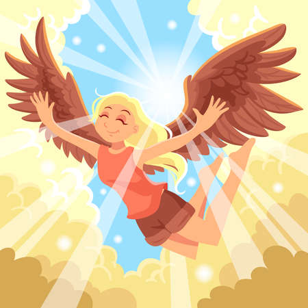 Freedom concept with flying girl sky sun and clouds flat vector illustrationのイラスト素材