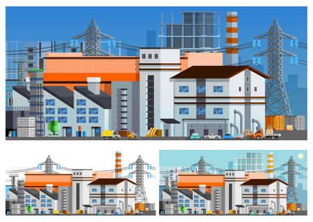 Factory buildings orthogonal compositions set flat isolated vector illustrationのイラスト素材
