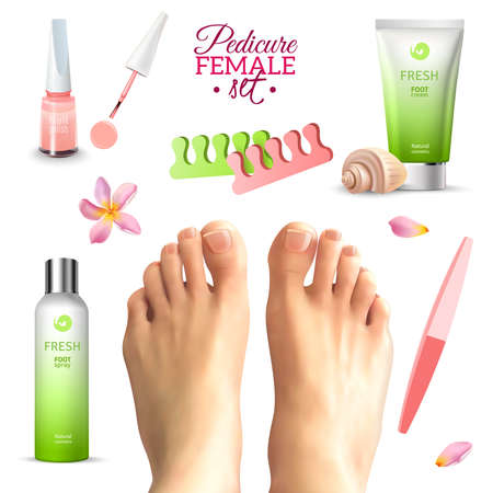 Tools for pedicure and care female feet seashell flower and petals set on white background realistic isolated vector illustrationのイラスト素材