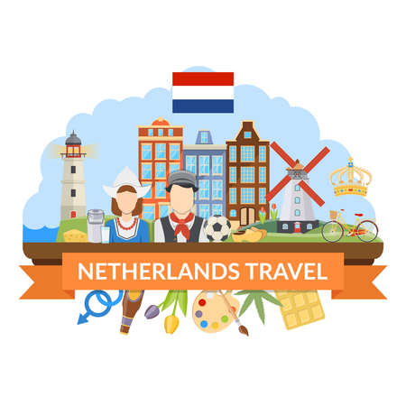 Flat design netherlands travel composition with various dutch symbols traditional costumes cuisine and architecture on white background vector illustrationのイラスト素材