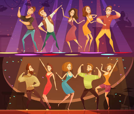 NIght club disco party free motion modern dancing 2 horizontal cartoon festive banners set isolated vector illustrationのイラスト素材