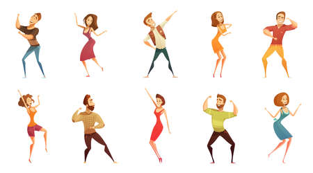 Dancing people funny cartoon style icons collection with men and women in free movement poses isolated vector illustrationのイラスト素材