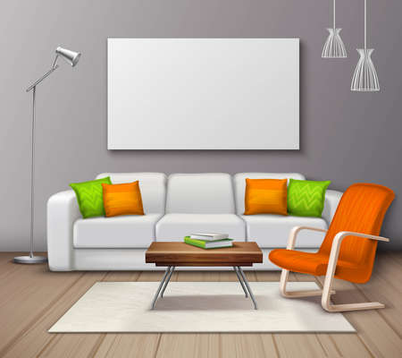 Modern interior colors choice and furniture arrangement design realistic mockup poster with decorative pillows and armchair vector illustrationのイラスト素材