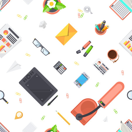 Workplace objects seamless pattern with stationery lamp and coffee flat isolated vector illustrationのイラスト素材