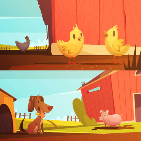 Farm animals for kids 2 horizontal cartoon style banners with  doghouse for guard dog isolated vector illustrationのイラスト素材
