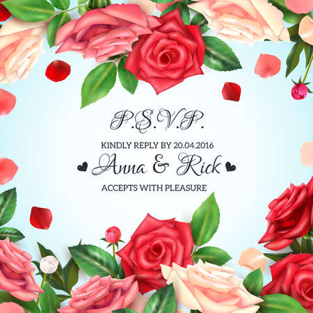 Realistic invitation background with blooming roses petals and buds vector illustrationのイラスト素材