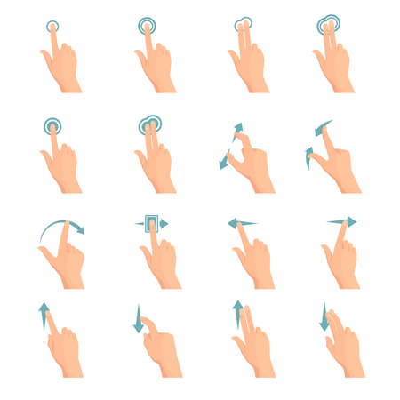Touch screen hand gestures flat colored icon series with arrows showing direction of movement of fingers isolated vector illustrationのイラスト素材