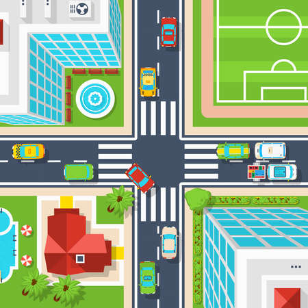 Poster of crossroad in city with buildings field vehicles and other top view flat vector illustrationのイラスト素材