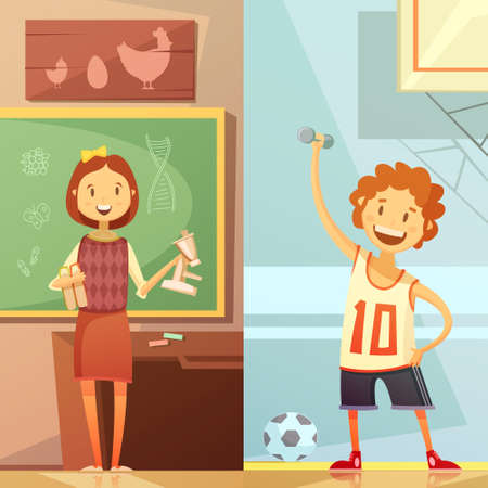 Middle school vertical retro cartoon banners with biology lesson and physical education gym training isolated vector illustrationのイラスト素材