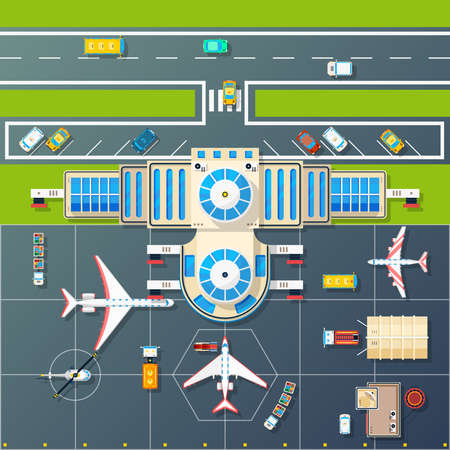 Airport building and parking airfield area for planes and helicopter with motorway top view abstract vector illustrationのイラスト素材
