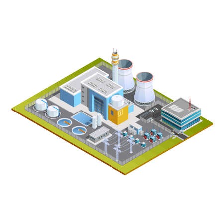 Isometric image of one block nuclear station with production centre conversion block  transformers pipes and office vector illustrationのイラスト素材