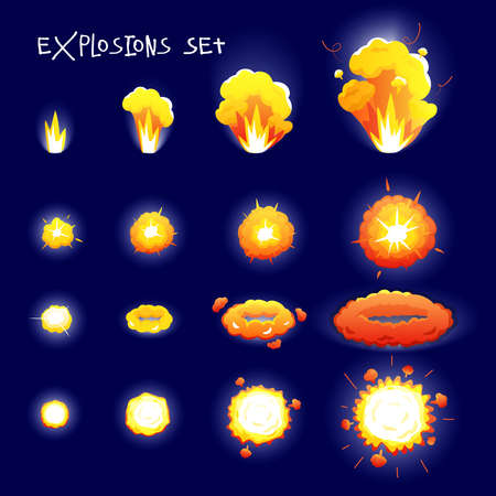 Cartoon set with explosion effects of different size and shape for flash animation isolated on dark blue background vector illustrationのイラスト素材