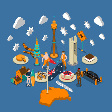 Australian national cultural isometric symbols composition with map flag delicious desserts aborigine and landmarks poster vector illustrationのイラスト素材