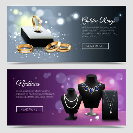 Horizontal jewelry realistic banners with golden rings and elegant necklaces on mannequins and stands isolated vector illustrationのイラスト素材