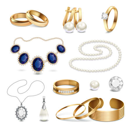 Beautiful fashionable gold and silver jewelry and accessories realistic set isolated on white background vector illustrationのイラスト素材