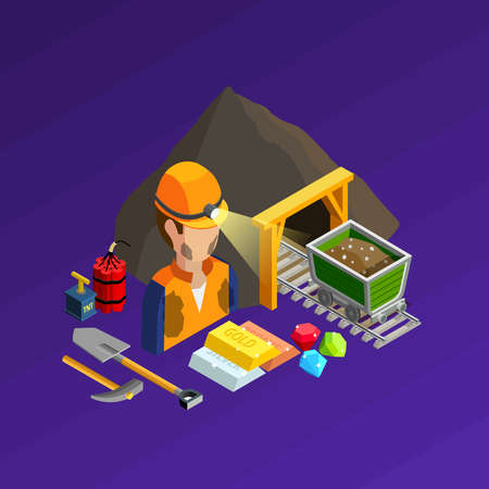 Mining work isometric concept with equipment dynamite and products vector illustrationのイラスト素材
