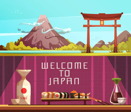 Japan for travelers 2 retro cartoon horizontal banners with pagoda mountain and sushi isolated vector illustrationのイラスト素材