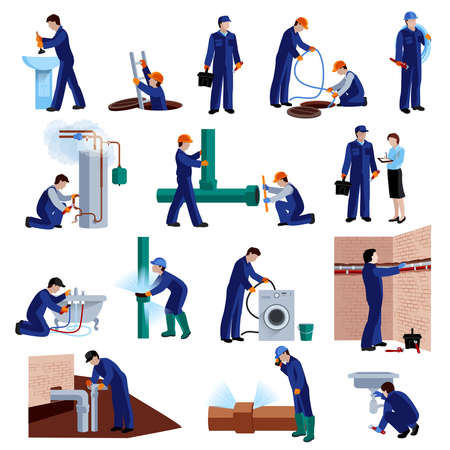 Plumber flat icons set with repair professional fixing water pipes isolated vector illustrationのイラスト素材