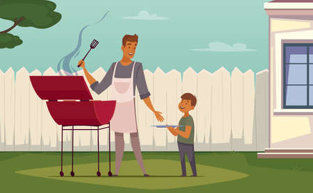 Summer weekend barbecue on patio lawn retro cartoon poster with bbq grill father and son vector illustrationのイラスト素材