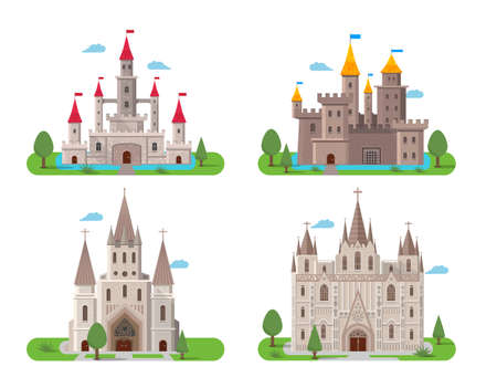 Medieval ancient castle buildings flat icons set isolated vector illustrationのイラスト素材