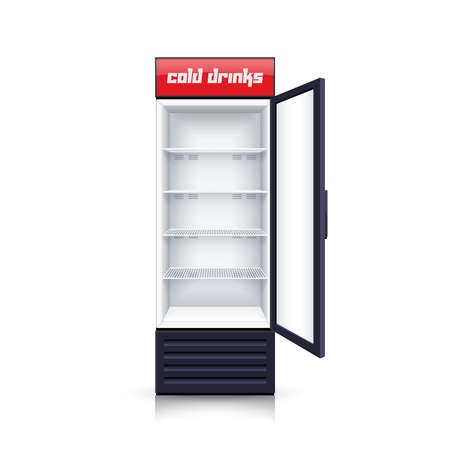Modern vertical refrigerator with open transparent front panel for cooling drinks realistic background isolated vector Illustrationのイラスト素材