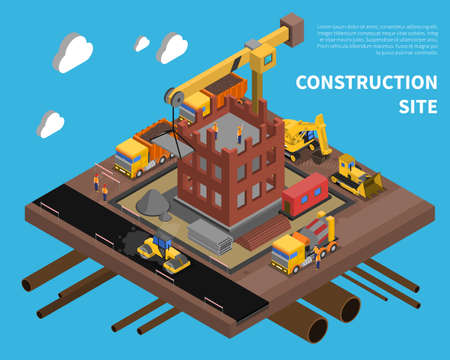 Construction site with building block of flats symbols on blue background isometric vector illustrationのイラスト素材