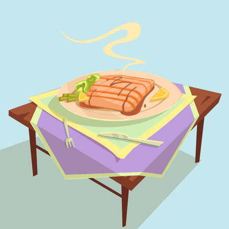Fish dish cartoon concept with plate fork knife and table vector illustrationのイラスト素材