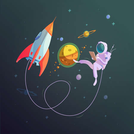 Open space background with rocket and cosmonaut in a spacesuit cartoon vector illustration