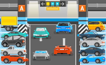 Underground parking with road cars and signs orthogonal flat vector illustration