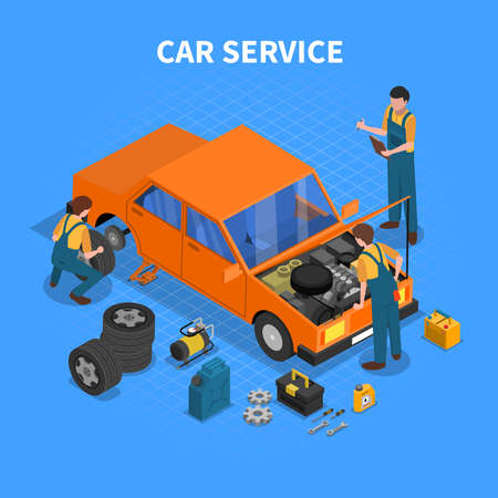 Car service work process isometric with workers repairing and testing the car and different tools around vector illustrationのイラスト素材