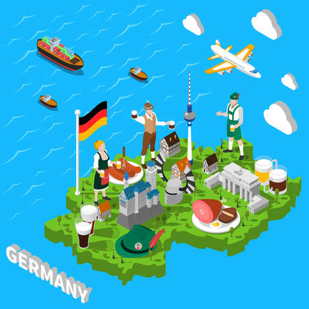 Germany isometric cultural sightseeing map for tourists with traditional national cuisine and landmarks symbols  abstract vector illustrationのイラスト素材