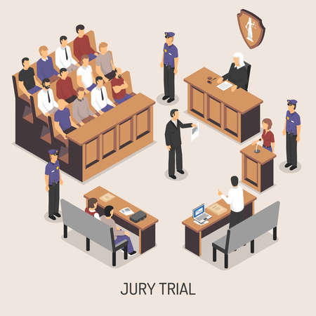 Jury trial isometric composition with officers of police court defendant lawyer witnesses on white background vector illustrationのイラスト素材