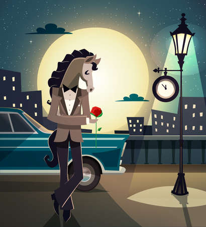 Flat illustration of hipster romantic horse with red rose at night vector illustrationのイラスト素材