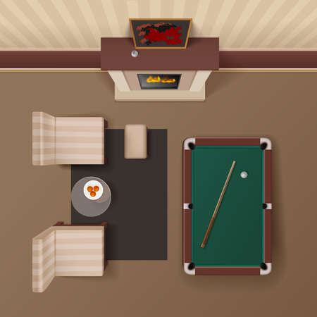 Hotel guestroom lounge with fireplace armchairs and billiard table design realistic top view image...