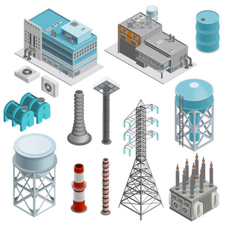 Industrial buildings isometric icons set with elements of power station boiler plant and power line...