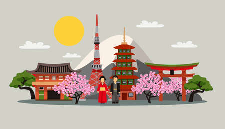 Japan symbols composition flat decorative background poster with kimono dress fuji mountain and sakura blossom abstract vector illustrationのイラスト素材