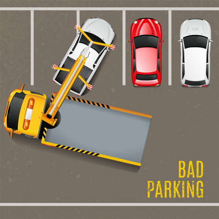 Bad Parking Top View Background. Tow Truck Vector Illustration. Bad Parking Cartoon Design. Tow Truck Working Decorative Symbols.のイラスト素材