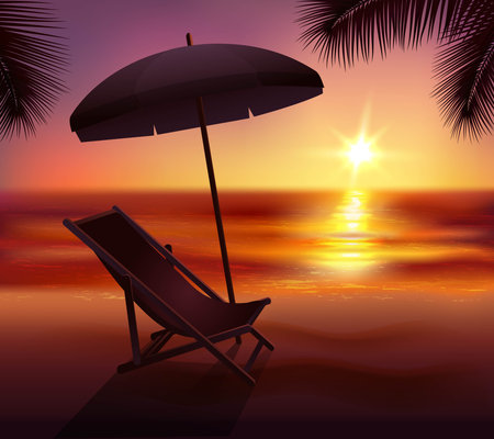 Sunset lounge and umbrella on beach in tropics background cartoon vector illustrationのイラスト素材