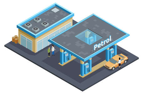 Gas petrol motorway filling service station to refuel recharge rest eat and drink isometric poster abstract vector illustrationのイラスト素材