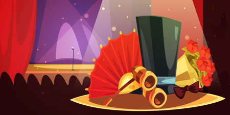 Color cartoon illustration depictin equipment theatre audiences binoculars fan bouquet of flowers silk hat vector illustrationのイラスト素材