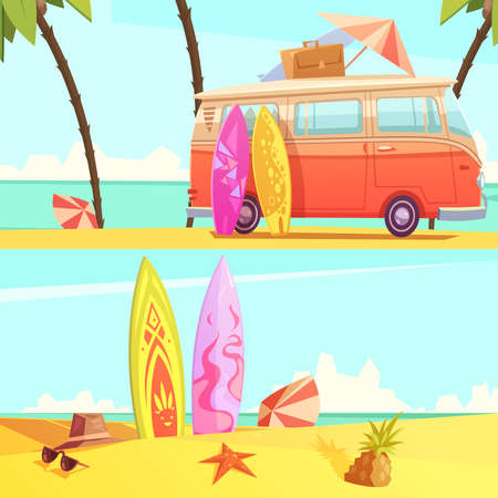 Horizontal surfing banners with bus ready for trip and surfboards on beach retro cartoon flat vector illustrationのイラスト素材