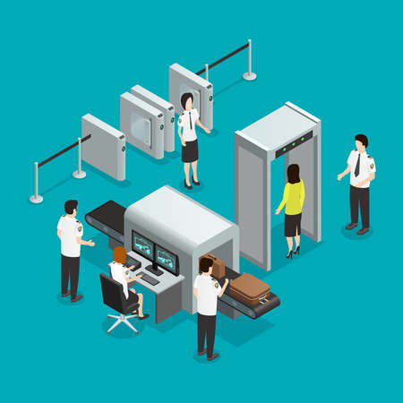 Airport safety security gates check isometric composition with hand baggage screening and passengers...