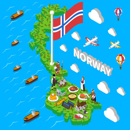 Norwegian isometric map with cultural symbol sand popular seafood meals sightseeing touristic poster abstract vector illustrationのイラスト素材