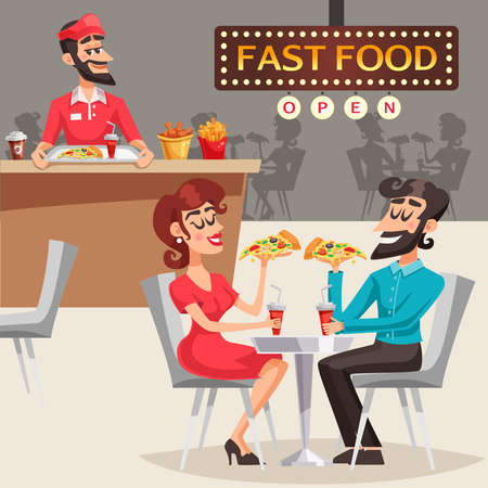 People eating pizza behind table in fast food restaurant and worker behind counter in background vector illustrationのイラスト素材