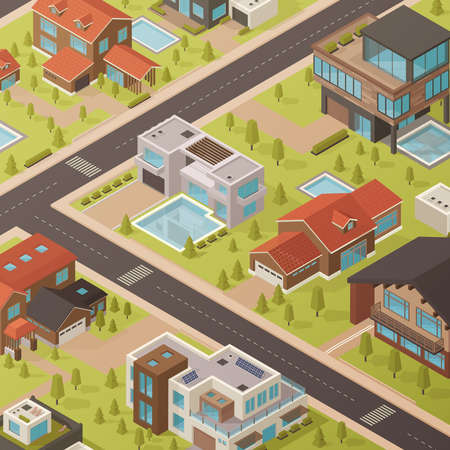 Colored isometric house background with roads and landscapes with houses and green trees urban style vector illustrationのイラスト素材