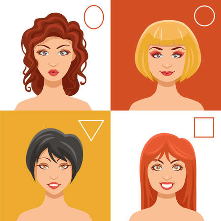 Women faces set with oval round triangle and square shapes flat isolated vector illustrationのイラスト素材
