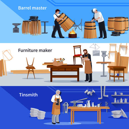 Craftspeople at work 3 flat banners collection with tinsmith cooper barrels an furniture maker isolated vector illustrationのイラスト素材