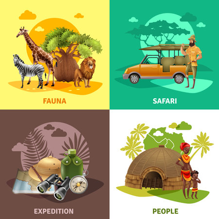 Four square isolated safari design icon set with fauna safari expedition and people descriptions vector illustrationのイラスト素材