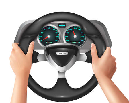 Colored 3d and realistic isolated hands driver in car with steering wheel vector illustrationのイラスト素材