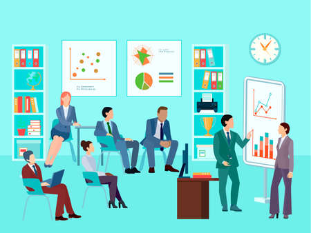 Statistics analytics business worker characters meeting composition with staff working session toolbox talk graphs and diagrams vector illustrationのイラスト素材